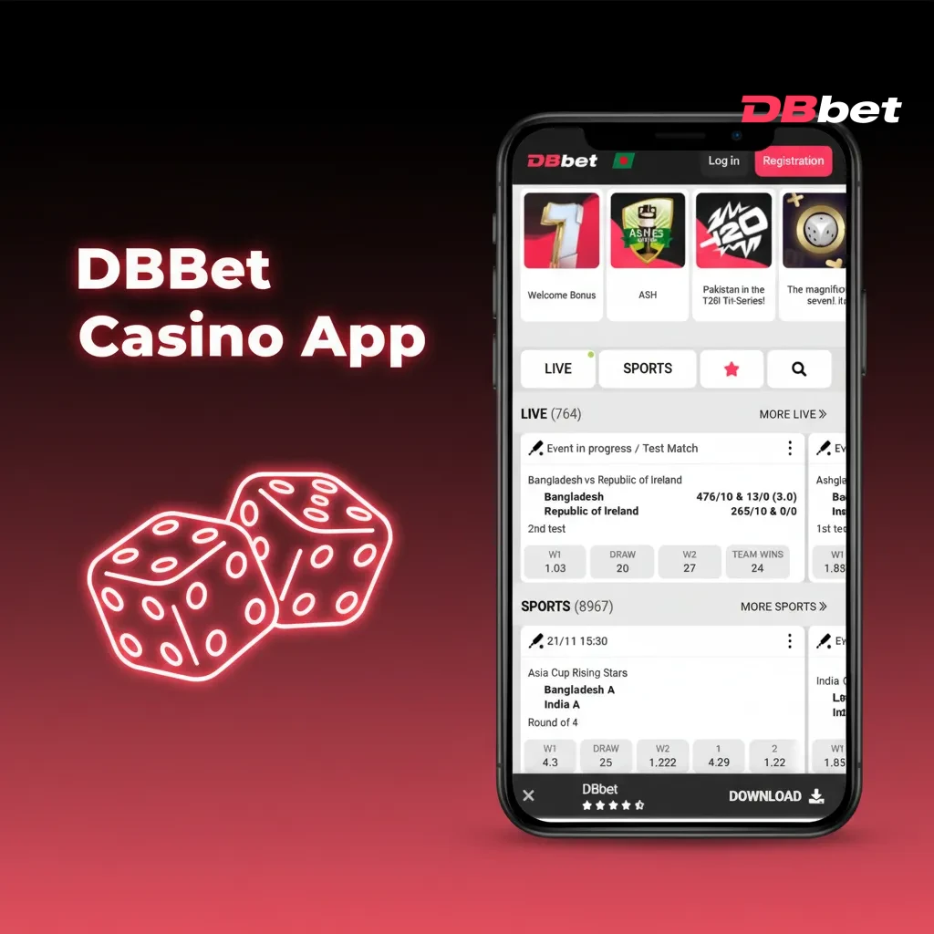 DBBet Casino app home screen showing casino lobby with slots, live tables, provider logos, and promo free spins banner.