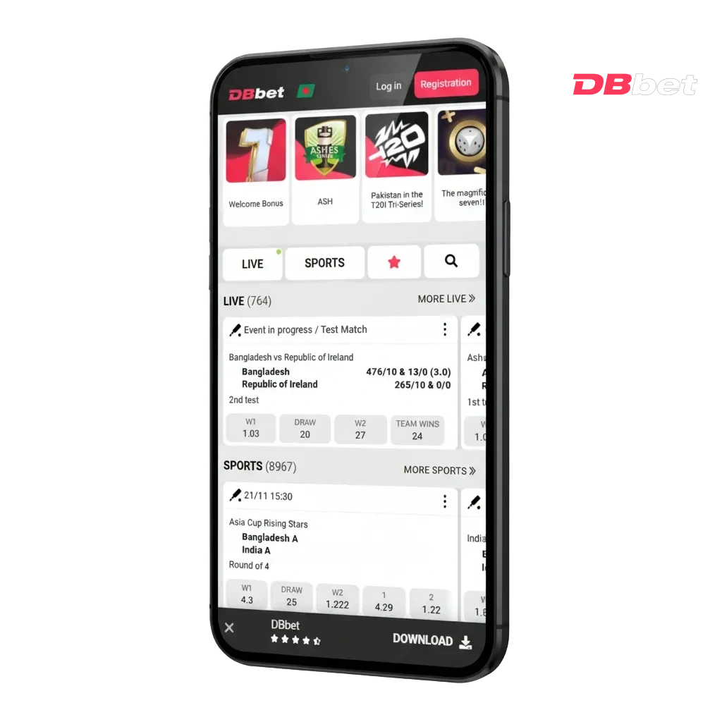 DBBet app for Android APK and iOS in Bangladesh; sportsbook & casino, 100% up to €100; €1,500 + 150 free spins.