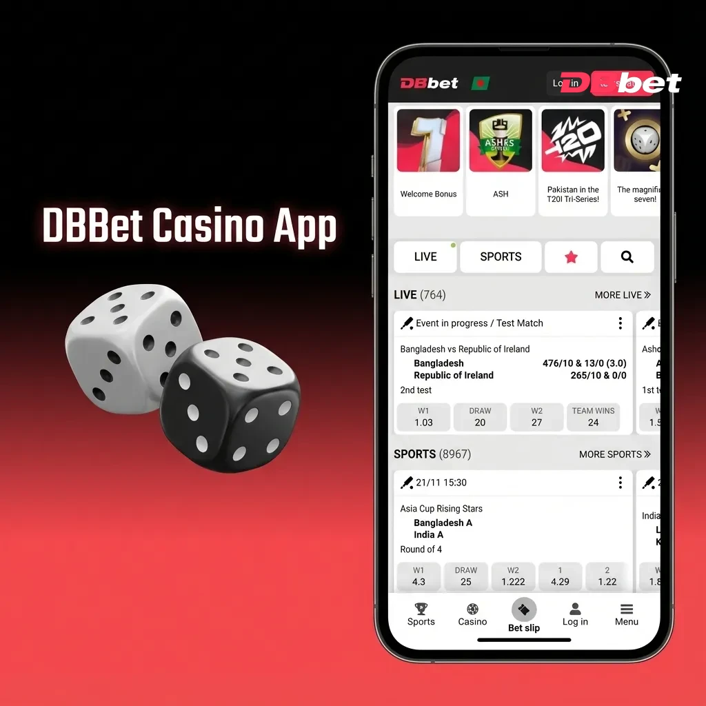 DBBet Casino App interface showing sports betting and casino games from Pragmatic Play, Evolution Gaming, and NetEnt