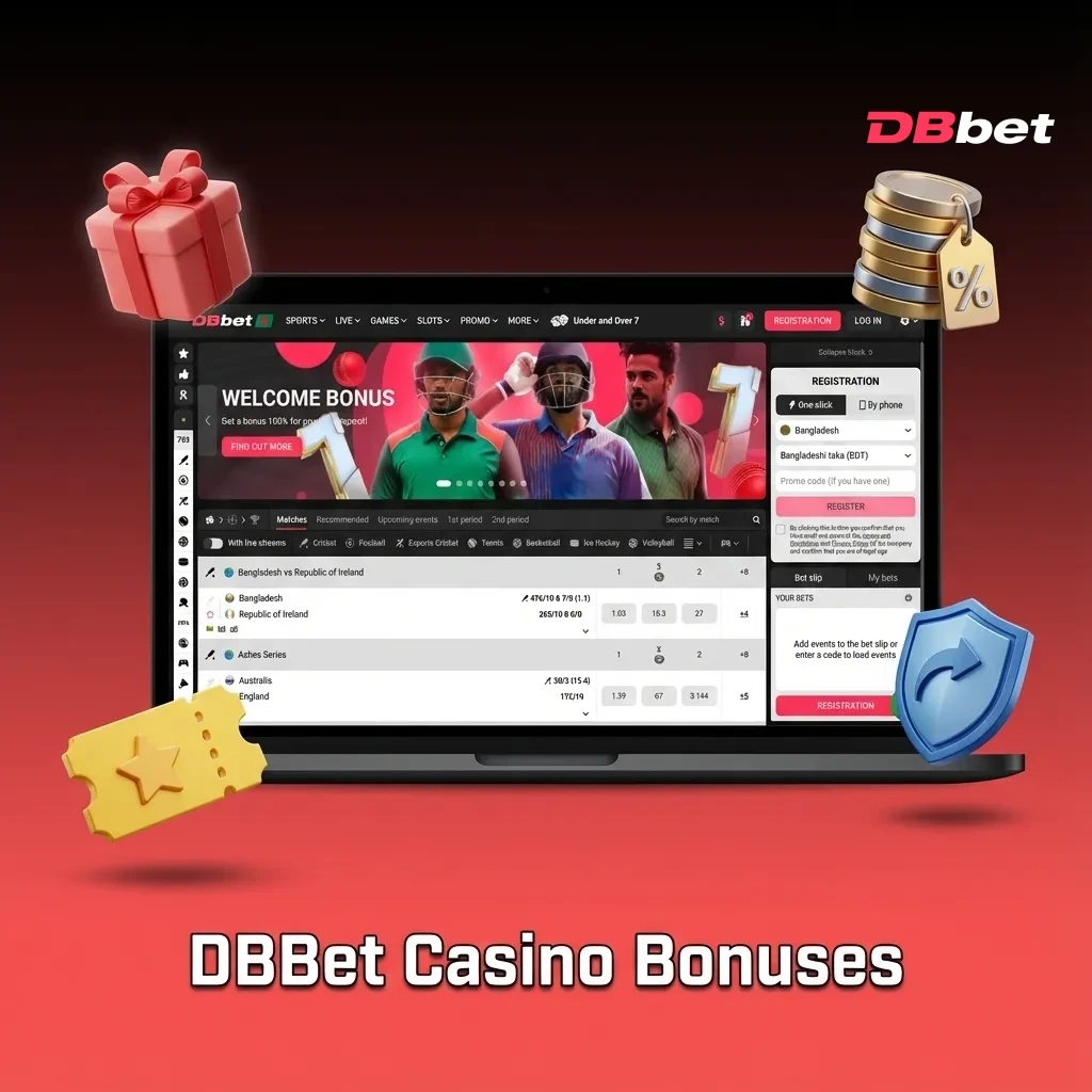 DBBet Casino promotional offers including weekly reload, free spins, cashback, and VIP birthday bonuses for players.