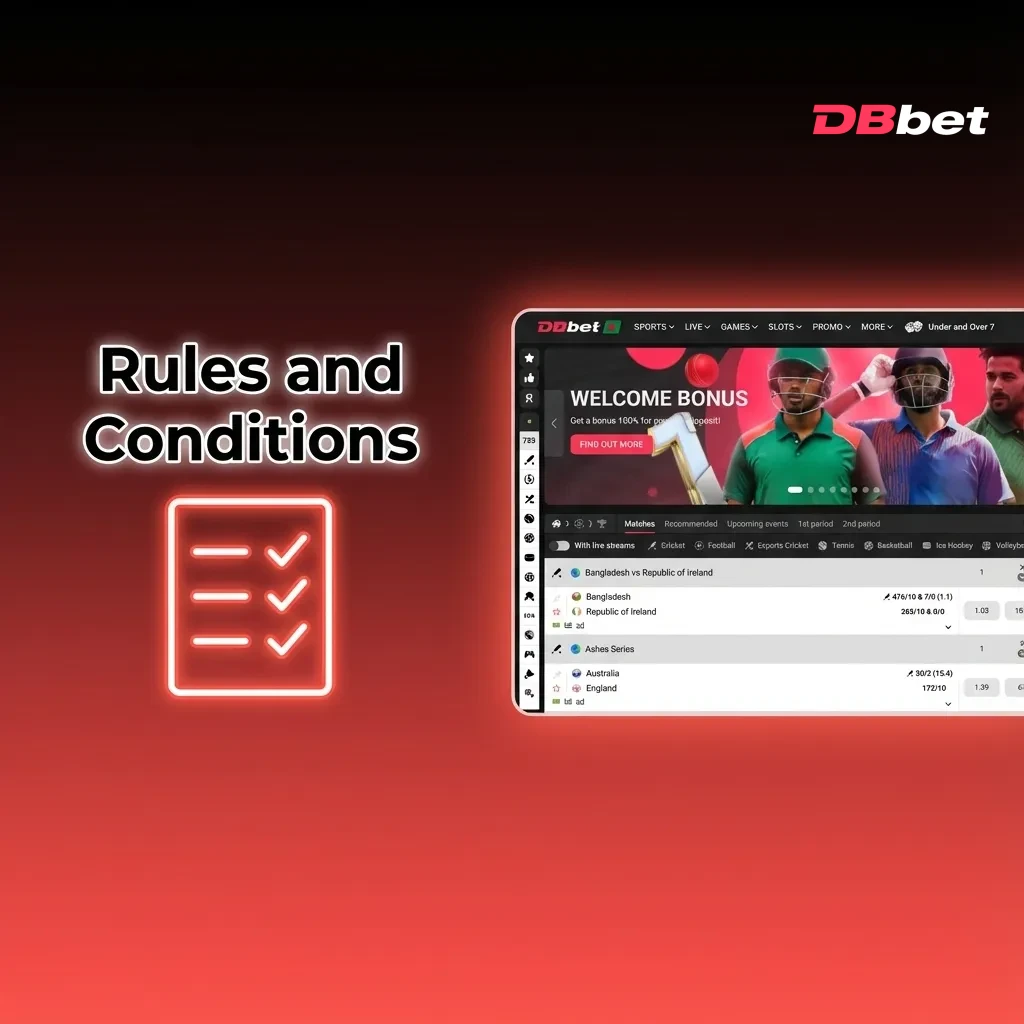 Rules and conditions page showing betting guidelines including age requirements, account limits, and bonus terms.