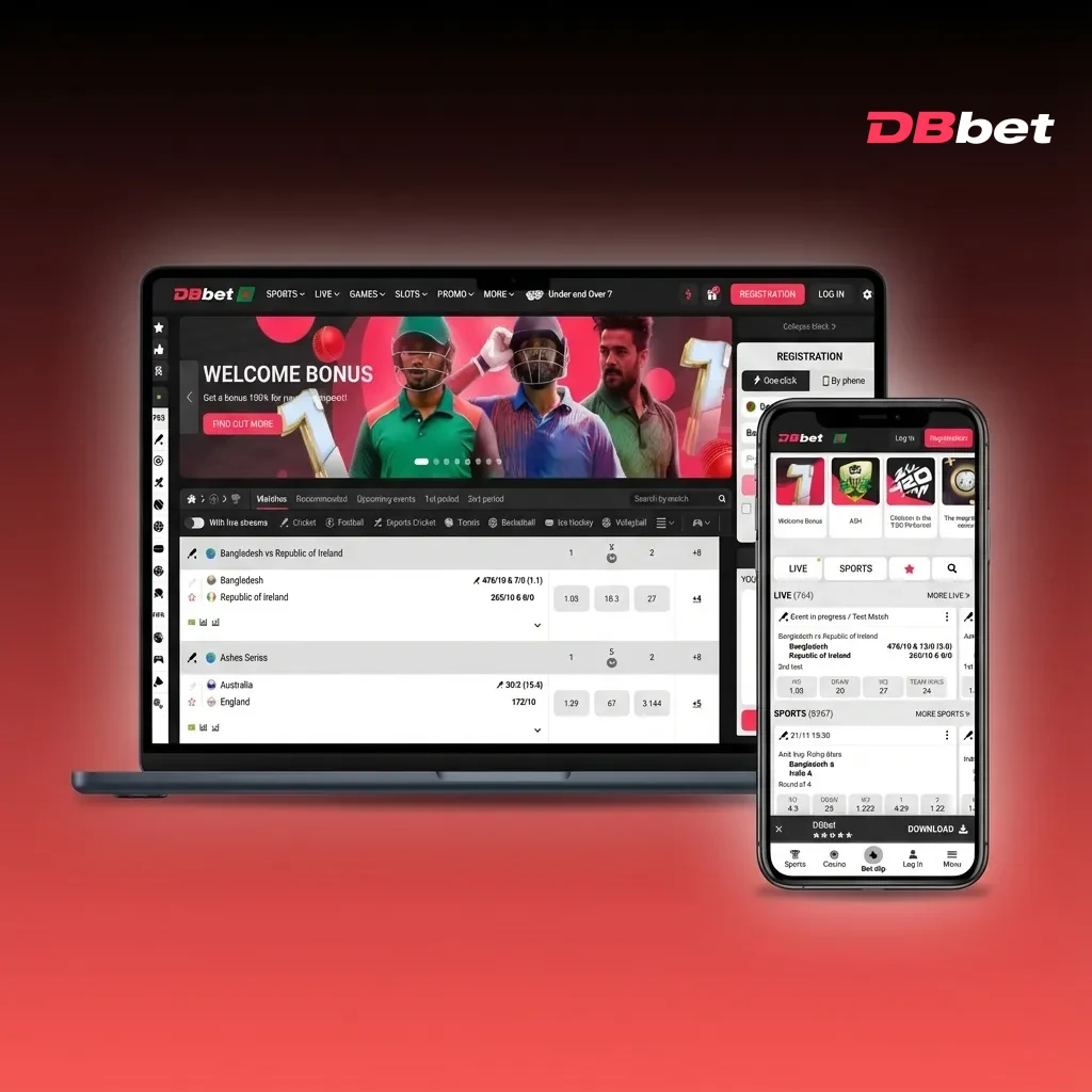 DBBet website homepage showing clean navigation bar with Sports, Live, Casino, and Promotions tabs on responsive layout
